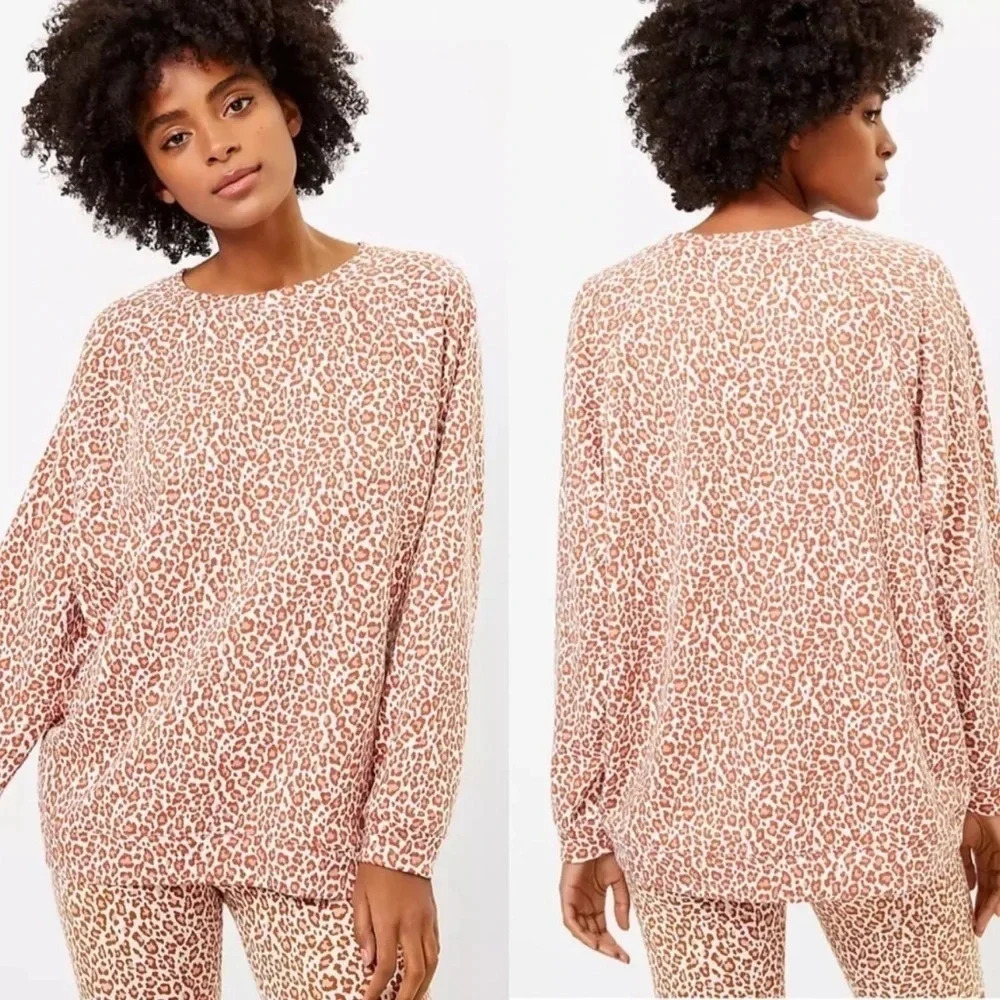 New Lou & Grey Loft Animal Print Leopard Terry Sweatshirt oversized loungewear